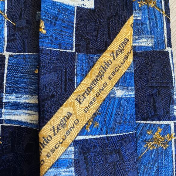 Ermenegildo Zegna Men' Silk Tie Necktie Navy Check Boho Gold Floral Branch Italy - Picture 5 of 8